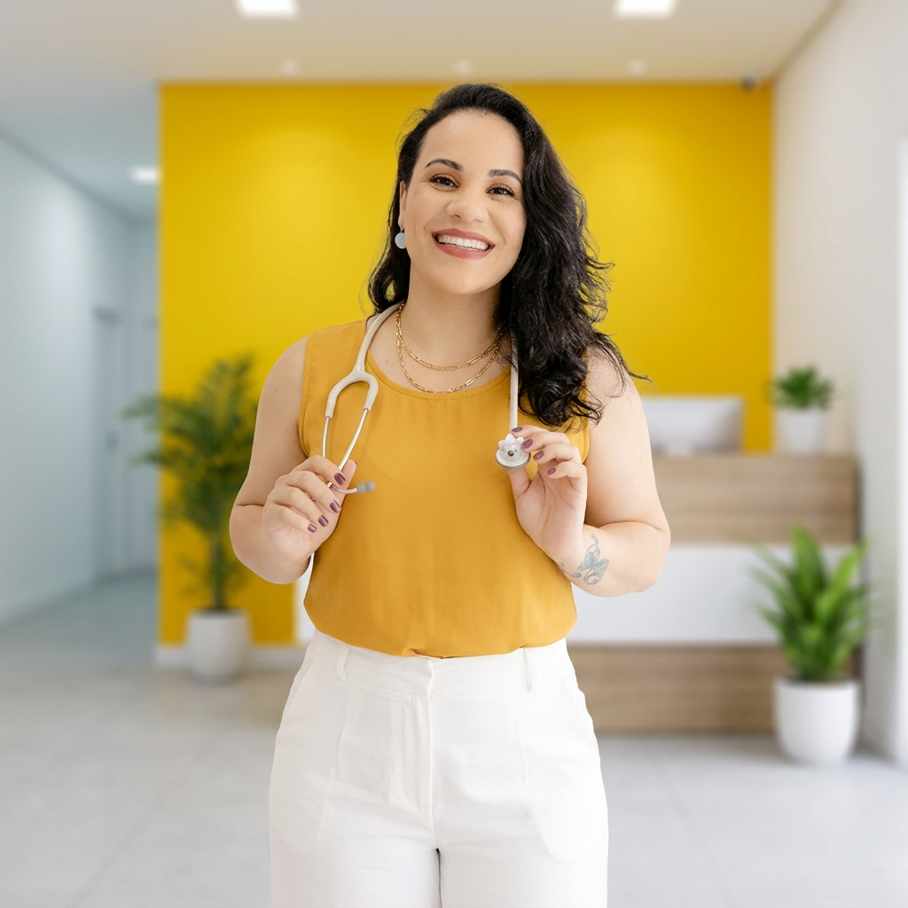 Dra. Bruna Ituassu sorrindo, com estetoscópio no pescoço